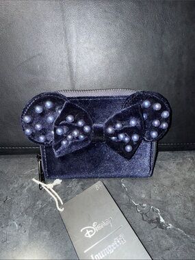 Loungefly Velvet Pearl Bow Mini Wallet in Navy